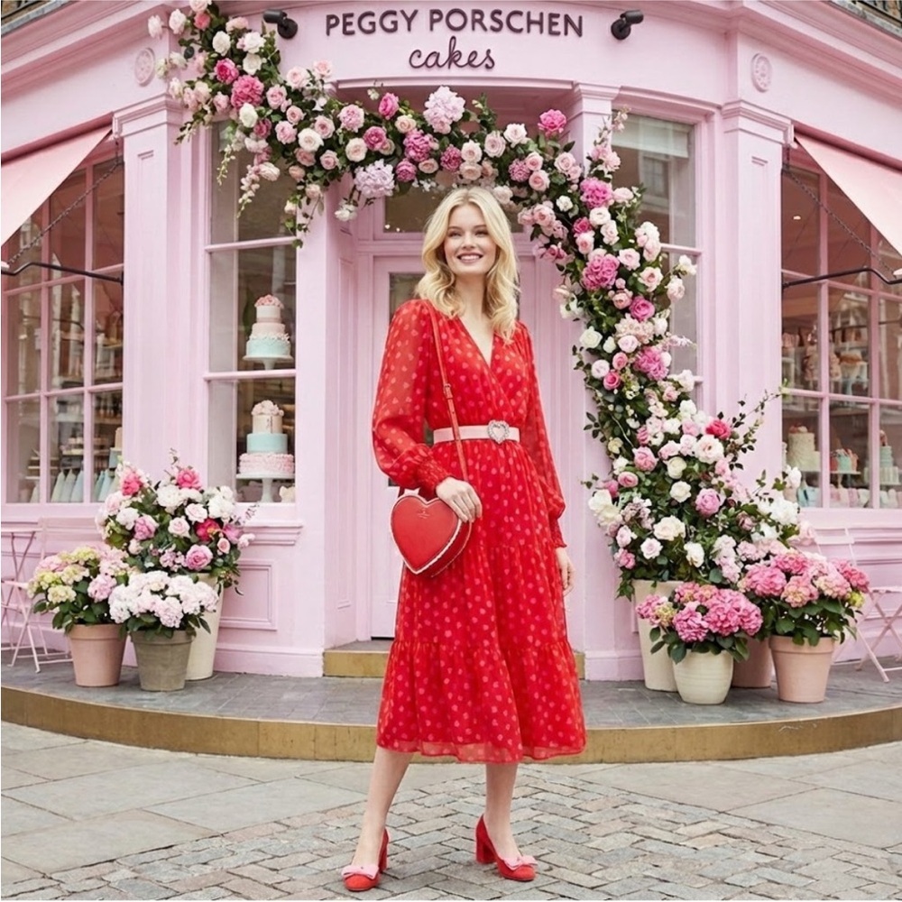 Kate Spade 100% Silk Heart Sheer-Sleeve  Midi Dress